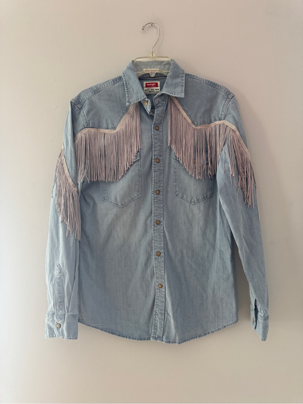 Wrangler Light Blue Denim Western Shirt with Cream Fringe-Small